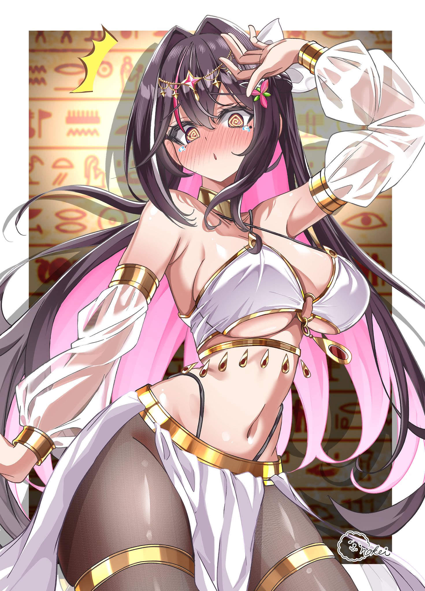 inokeiwd, azki (hololive), hololive, gold collar, commentary request, highres, 1girl, @ @, alternate costume, ancient egyptian clothes, arm up, armlet, bikini, black hair, black pantyhose, blush, border, breasts, colored inner hair, criss-cross halter, detached sleeves, embarrassed, gold thighlet, groin, hair intakes, halterneck, jewelry, large breasts, long hair, looking at viewer, mole, mole under eye, multicolored hair, navel, pantyhose, pelvic curtain, pink hair, solo, standing, stomach, swimsuit, tears, thighlet, white bikini, white border