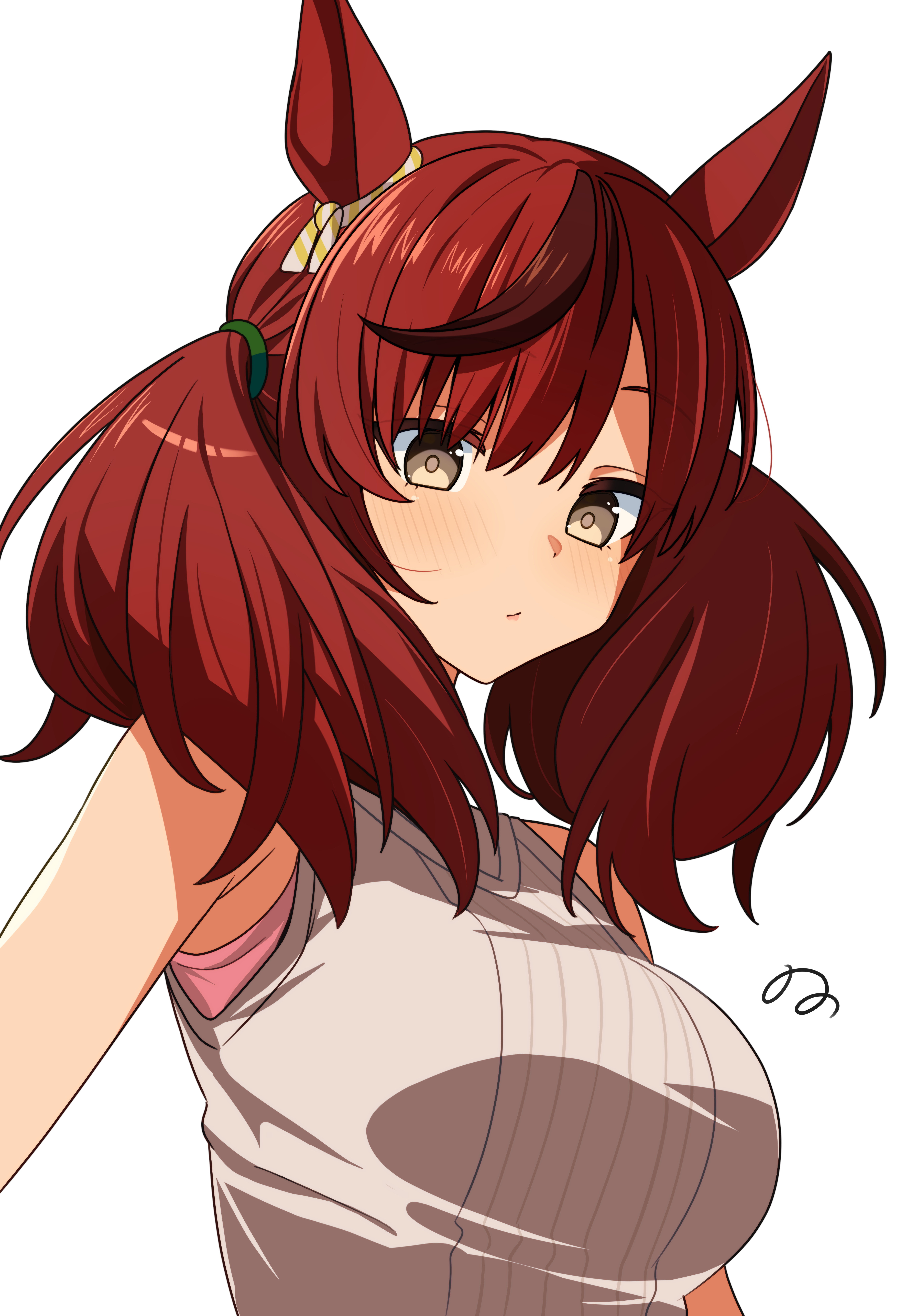07nono06, nice nature (umamusume), umamusume, absurdres, commentary request, highres, 1girl, alternate breast size (larger), alternate costume, animal ears, bare shoulders, black streaks, blush, breasts, brown eyes, closed mouth, ear ornament, grey shirt, horse ears, horse girl, large breasts, long hair, looking at viewer, red hair, shirt, simple background, sleeveless, sleeveless shirt, solo, twintails, upper body, white background