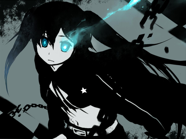 itou nanami, nako75, shirataki nako, black rock shooter (character), hatsune miku, black rock shooter, vocaloid, bad id, bad pixiv id, 10s, 1girl, blue eyes, chain, female focus, long hair, midriff, monochrome, solo, spot color, twintails