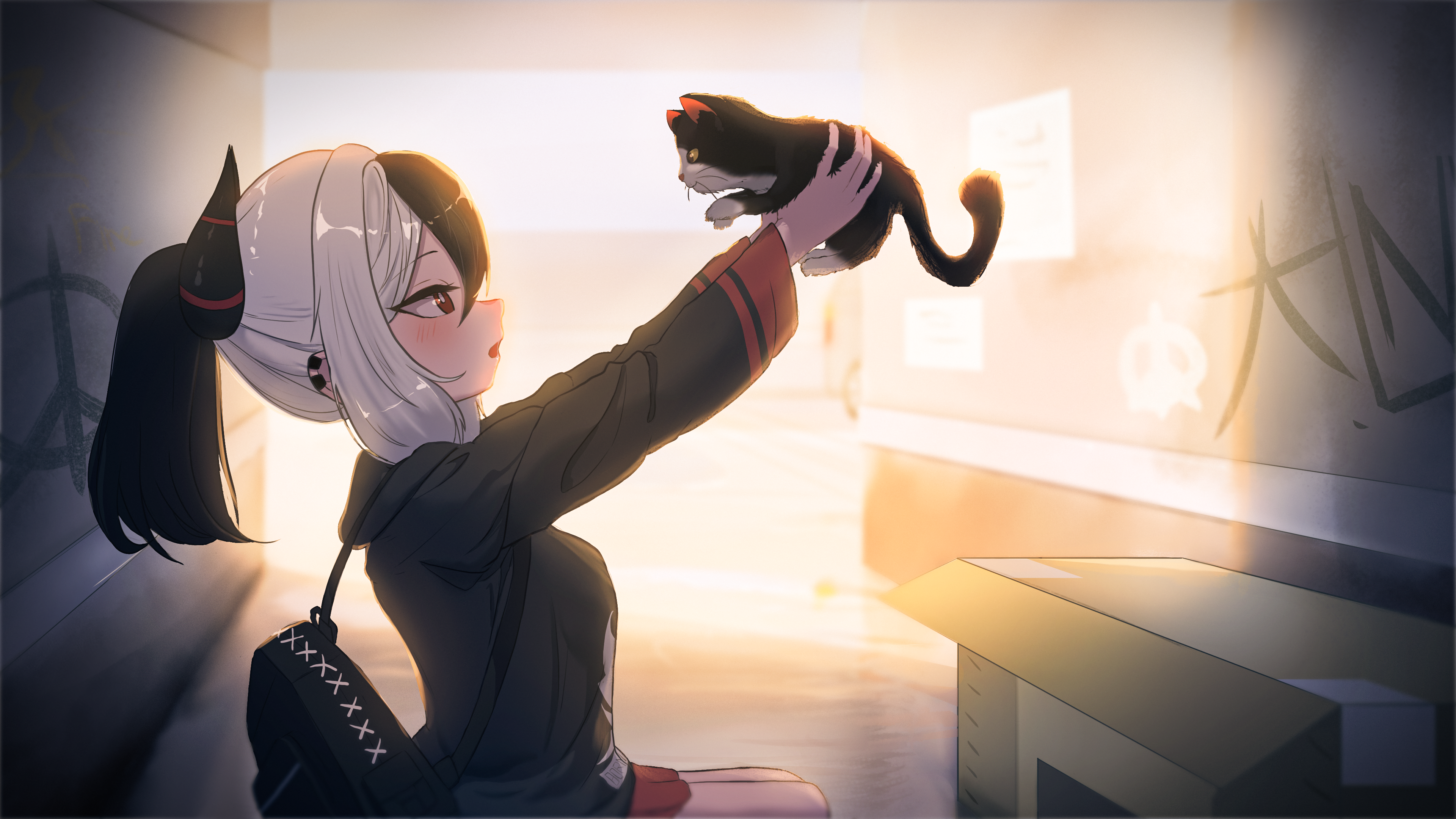 rifu002, kayoko (blue archive), blue archive, absurdres, highres, 1girl, blonde hair, blush, breasts, cat, hood, hoodie, horns, piercing, ponytail, red eyes, small breasts, sunlight, white hair