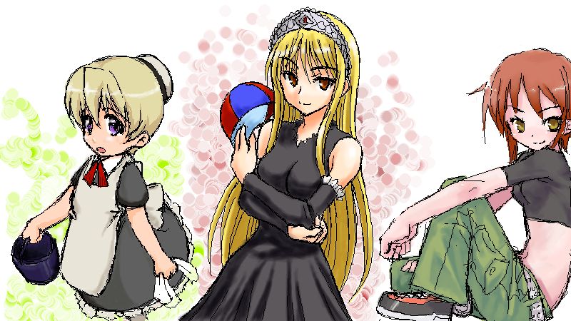 hattori kanai, flandre (kaibutsu oujo), hime (kaibutsu oujo), riza wildman, kaibutsu oujo, 00s, 3girls, blonde hair, dress, female focus, maid, multiple girls, oekaki, red hair, sitting, standing