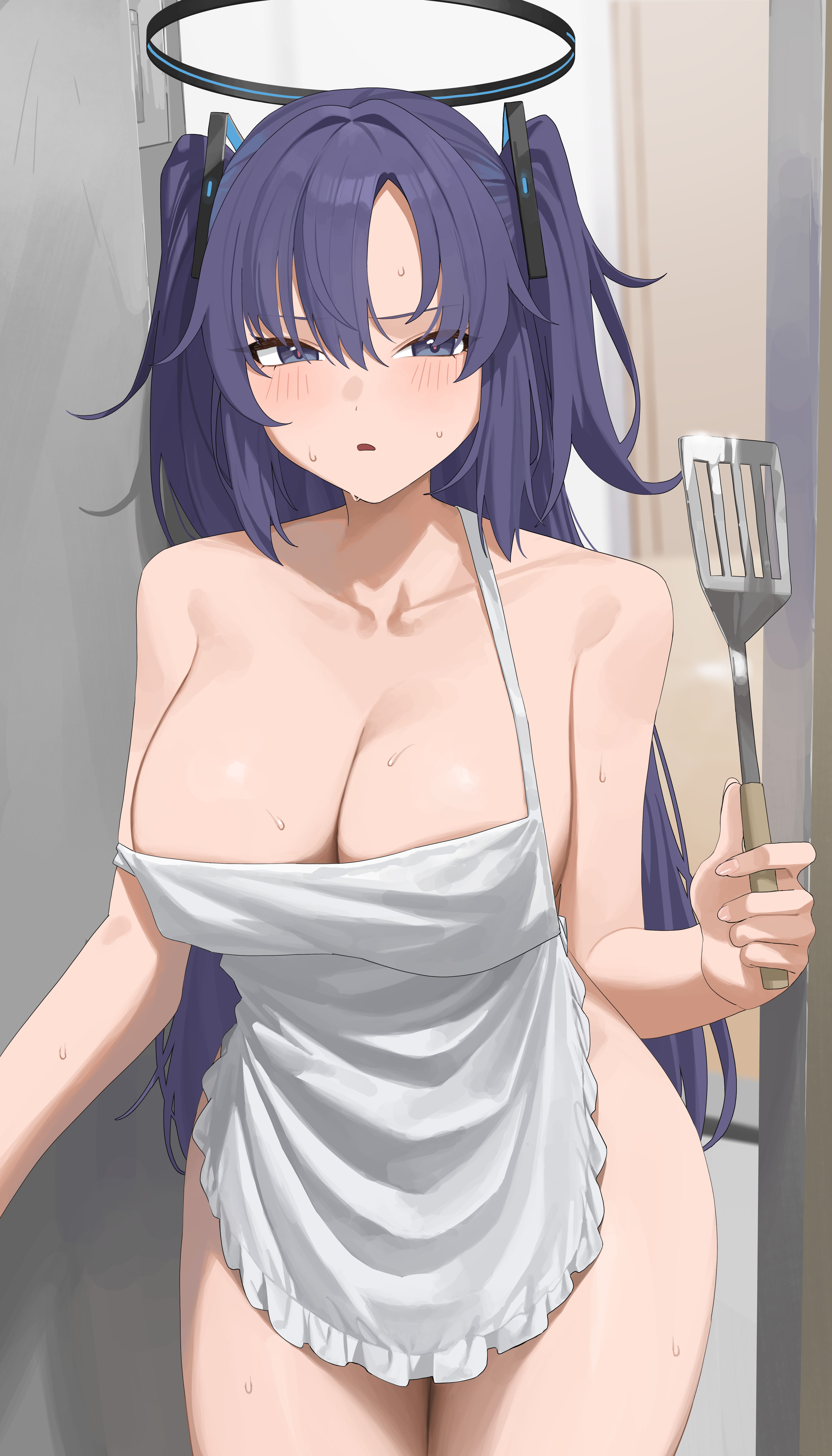 mm (mhm2592), yuuka (blue archive), blue archive, absurdres, highres, 1girl, apron, blue eyes, blue hair, blush, breasts, collarbone, curvy, doorway, frilled apron, frills, hair ornament, halo, holding, holding spatula, large breasts, long hair, looking at viewer, naked apron, parted lips, spatula, strap slip, sweat, two side up, very long hair, white apron