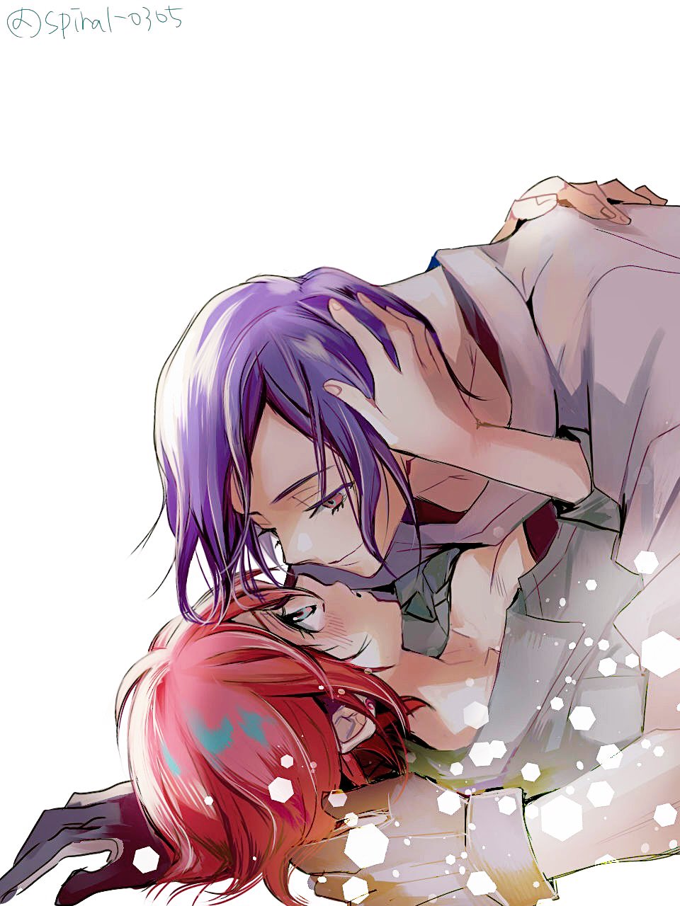 amate yuzuriha, shuji ito, gundam, gundam gquuuuuux, highres, 1boy, 1girl, aqua eyes, aqua shirt, blue hair, blush, boy on top, breasts, closed mouth, colored inner hair, couple, gloves, hetero, long sleeves, multicolored hair, open mouth, purple hair, red eyes, red hair, school uniform, shirt, short hair, smile, spiral 0305, tank top, two-tone hair, white shirt