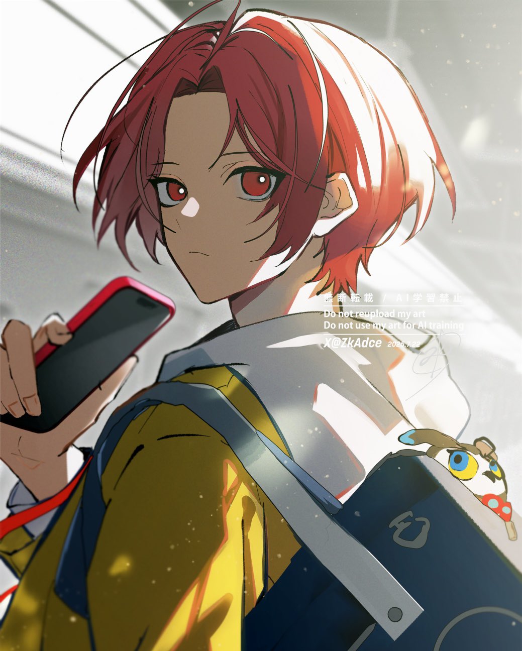 lufel (owl) (p5x), lufel (p5x), persona, persona 5, persona 5: the phantom x, commentary, highres, 1boy, bag, bird, blurry, blurry background, brown bag, cellphone, closed mouth, curtained hair, dated, from side, frown, holding, holding phone, jacket, kamishiro nagisa, looking at viewer, looking to the side, owl, phone, red eyes, red hair, school bag, short hair, signature, smartphone, sunlight, twitter username, upper body, white hood, yellow jacket, zk wip