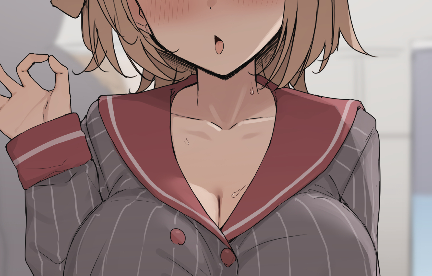 sheryama, shigure ui (vtuber), shigure ui (vtuber) (1st costume), indie virtual youtuber, commentary request, cropped, highres, paid reward available, variant set, 1girl, blush, breasts, brown hair, buttons, cleavage, close-up, collarbone, cosplay, double-breasted, eyes out of frame, fellatio gesture, grey shirt, hand up, head out of frame, indoors, large breasts, long sleeves, medium hair, open mouth, pinstripe pattern, pinstripe shirt, red sailor collar, red sleeve cuffs, sailor collar, shigure ui (vtuber) (cosplay), shirt, sleeve cuffs, solo, sweat, tongue, tongue out, virtual youtuber, wolf cut