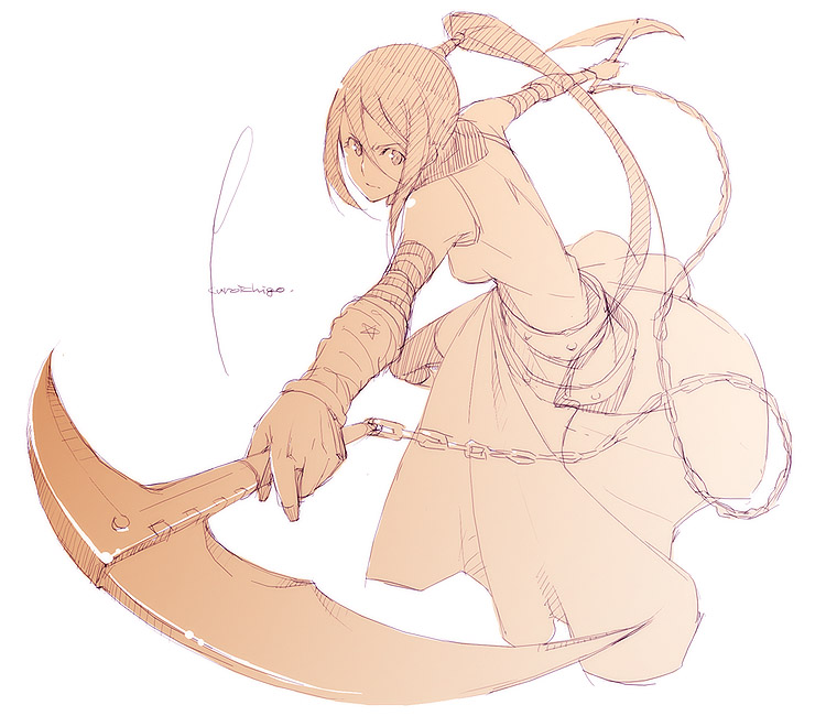 kyo (kuroichigo), nakatsukasa tsubaki, soul eater, 00s, 1girl, belt, breasts, chain, chain scythe, dual wielding, female focus, holding, kusarigama, long hair, monochrome, pickaxe, pink theme, ponytail, sickle, simple background, solo, thighhighs, weapon