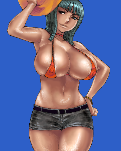 matoyama, monkey d. luffy, nico robin, one piece, lowres, 1girl, areola slip, belt, bikini, bikini top only, blue background, blunt bangs, breasts, contrapposto, cosplay, covered erect nipples, curvy, dark-skinned female, dark skin, female focus, hat, huge breasts, lips, monkey d. luffy (cosplay), oekaki, orange bikini, short shorts, shorts, solo, standing, swimsuit