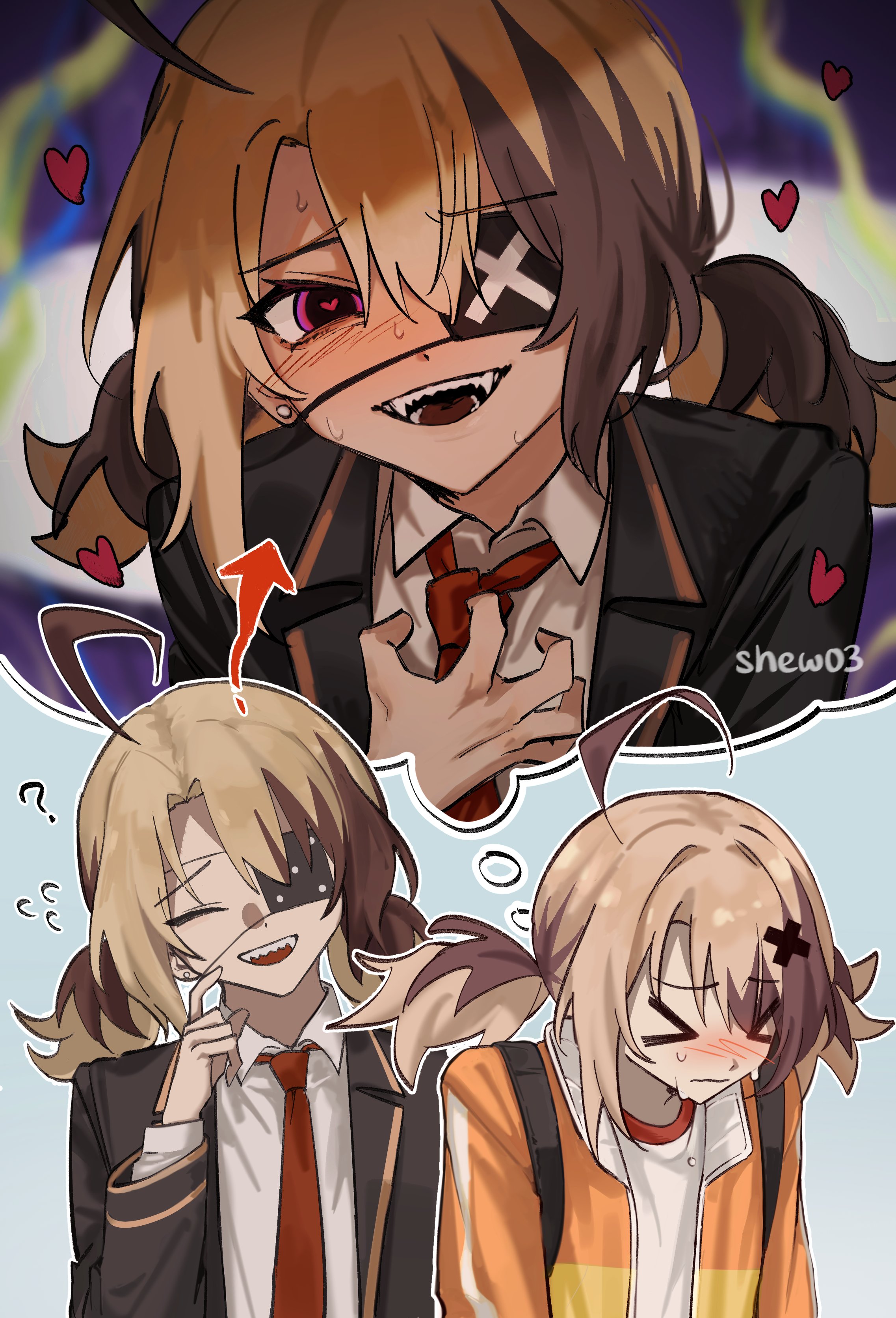 shew (shew03), gigi murin, hololive, hololive english, absurdres, highres, 2girls, ahoge, blonde hair, blush, brown hair, eyepatch, heart, heart-shaped pupils, looking at viewer, multicolored hair, multiple girls, multiple persona, open mouth, pink eyes, short hair, smile, speech bubble, symbol-shaped pupils, thought bubble, twintails, two-tone hair, virtual youtuber