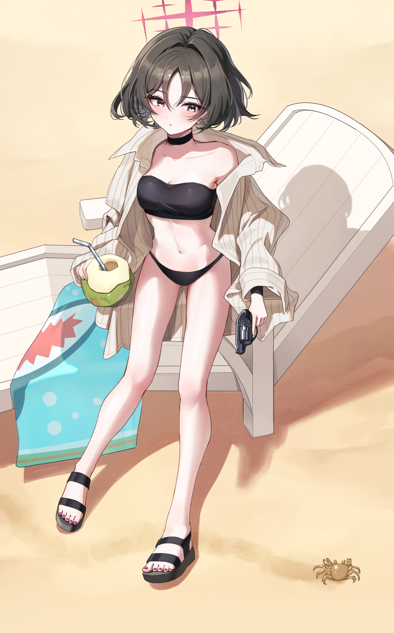 sakurahuji-iro, misaki (blue archive), misaki (swimsuit) (blue archive), blue archive, commentary, highres, 1girl, beach, beach chair, bikini, black bikini, black choker, black eyes, black hair, breasts, choker, crab, day, gun, halo, handgun, holding, holding gun, holding weapon, medium breasts, official alternate costume, outdoors, pinstripe pattern, pinstripe shirt, red halo, revolver, ruger lcr, sand, sandals, shadow, shirt, short hair, sitting, solo, striped clothes, striped shirt, swimsuit, vertical-striped clothes, vertical-striped shirt, weapon