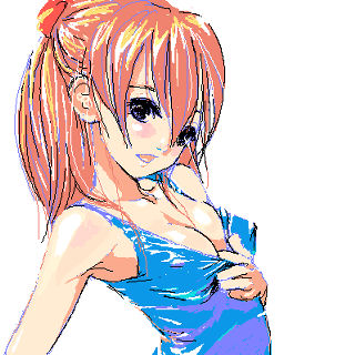 souryuu asuka langley, neon genesis evangelion, lowres, 1girl, blue eyes, breasts, cleavage, female focus, grabbing another's breast, groping, medium breasts, oekaki, one-piece swimsuit, red hair, solo, swimsuit