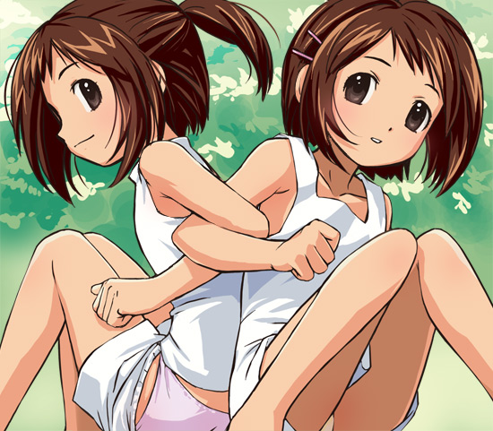 haruyama kazunori, shiina hikaru, shiina tsubasa, figure 17, 00s, 2girls, brown eyes, brown hair, camisole, flat chest, hair ornament, hairclip, multiple girls, panties, ponytail, short hair, sisters, sitting, thighs, twins, underwear