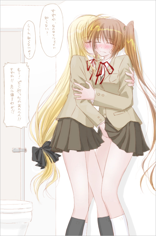 fate testarossa, takamachi nanoha, lyrical nanoha, mahou shoujo lyrical nanoha, translated, 00s, 2girls, blonde hair, brown hair, comic, long hair, low-tied long hair, multiple girls, school uniform, serafuku, yuri