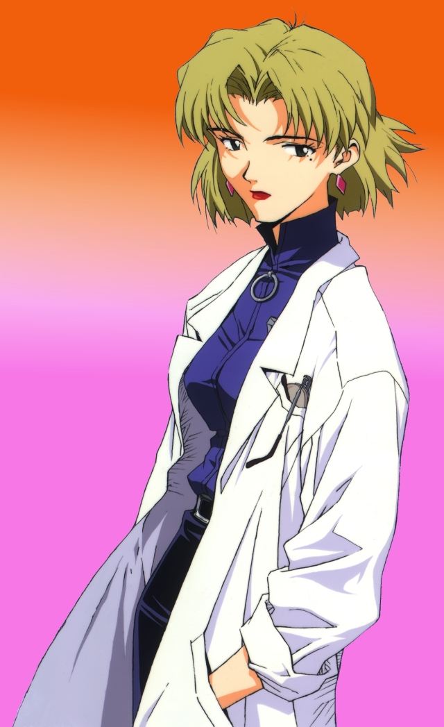 honda takeshi, akagi ritsuko, neon genesis evangelion, jpeg artifacts, official art, 1girl, blonde hair, coat, earrings, female focus, jewelry, lab coat, mole, mole under eye, pencil skirt, skirt, solo