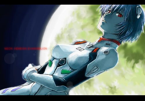 ayanami rei, neon genesis evangelion, lowres, blue hair, interface headset (evangelion), mecha pilot suit, moon, pale skin, plugsuit (evangelion), red eyes, short hair, solo