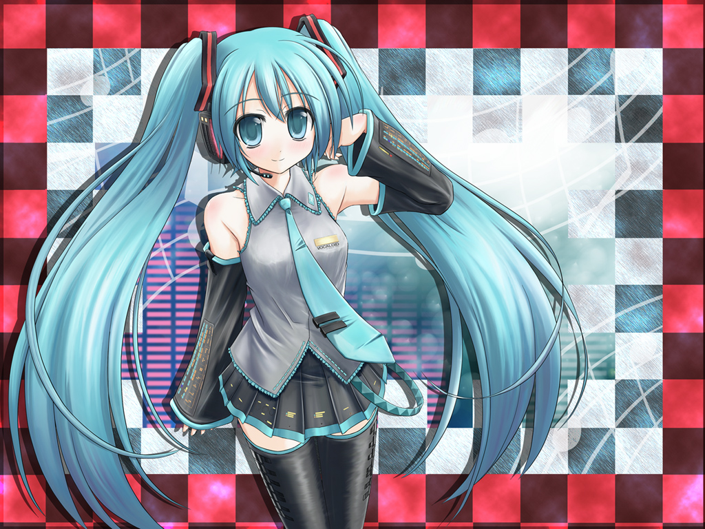 mugityax, hatsune miku, vocaloid, blue eyes, blue hair, detached sleeves, long hair, necktie, solo, thighhighs, twintails, very long hair