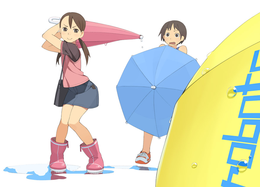 go robots, original, 2girls, boots, brown eyes, brown hair, female focus, multiple girls, pink boots, puddle, skirt, sky, twintails, umbrella, white background