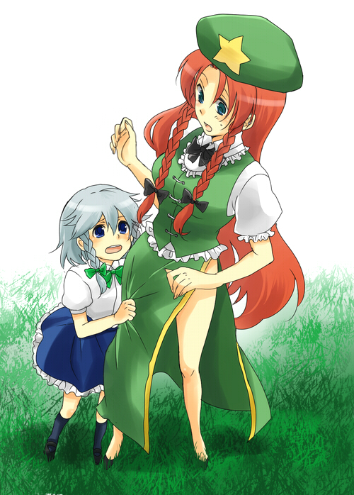 nugaa, hong meiling, izayoi sakuya, embodiment of scarlet devil, touhou, silver hair, 2girls, aged down, blue eyes, braid, child, female focus, full body, grass, hat, legs, long hair, multiple girls, outdoors, plant, red hair, short hair, standing, twin braids