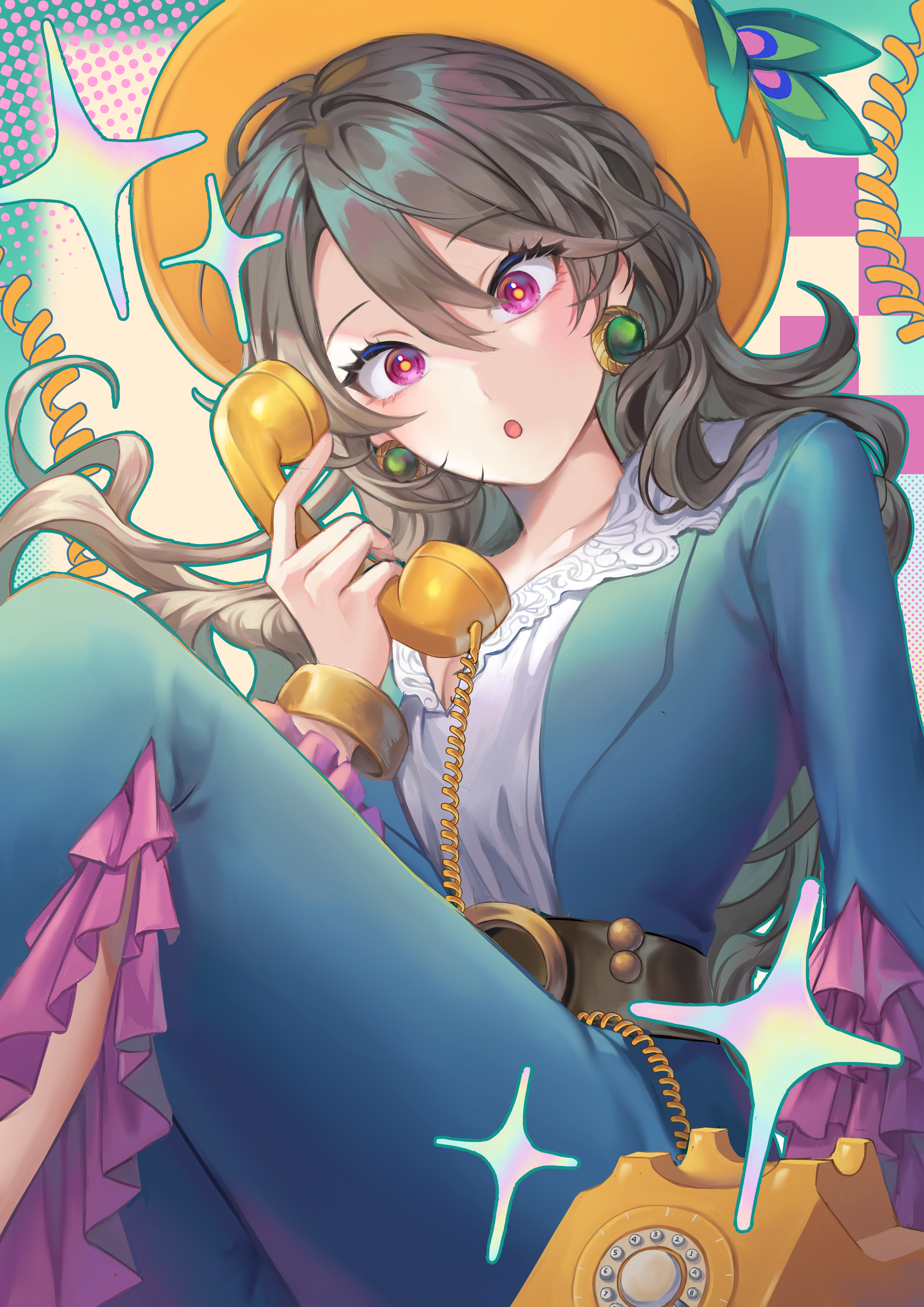 kokotuo, vita (honkai impact), honkai (series), honkai impact 3rd, absurdres, bad id, bad pixiv id, commentary, english commentary, highres, 1girl, :o, alternate costume, blue dress, breasts, cleavage, corded phone, dress, earrings, grey hair, hair between eyes, hat, jewelry, large breasts, long dress, long hair, long sleeves, looking at viewer, open mouth, phone, red eyes, solo, yellow pupils