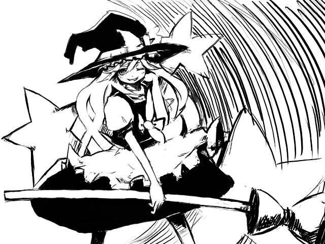 luft (luft dokka), kirisame marisa, touhou, 1girl, apron, braid, broom, female focus, greyscale, hat, holding, looking at viewer, monochrome, puffy short sleeves, puffy sleeves, short sleeves, single braid, skirt, solo, star (symbol), vest, waist apron, witch hat