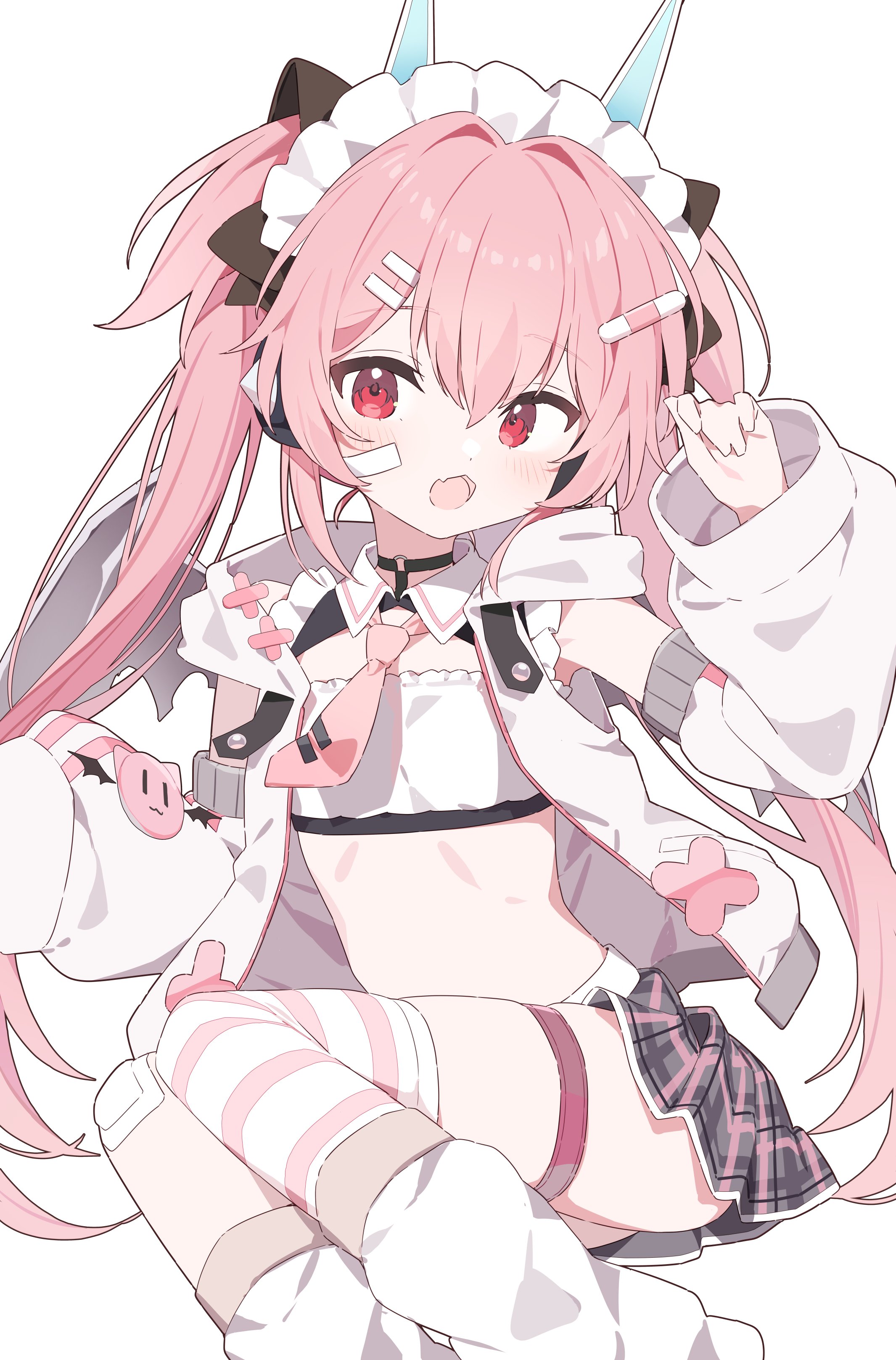 urotsuki (ku9625), original, absurdres, highres, 1girl, bandaid, blush, choker, detached sleeves, fang, flat chest, hair ornament, jacket, long hair, looking at viewer, necktie, open clothes, open jacket, open mouth, pink hair, pink necktie, plaid clothes, plaid skirt, pleated skirt, red eyes, simple background, skin fang, skirt, solo, striped clothes, striped thighhighs, thighhighs, twintails, white background, white jacket