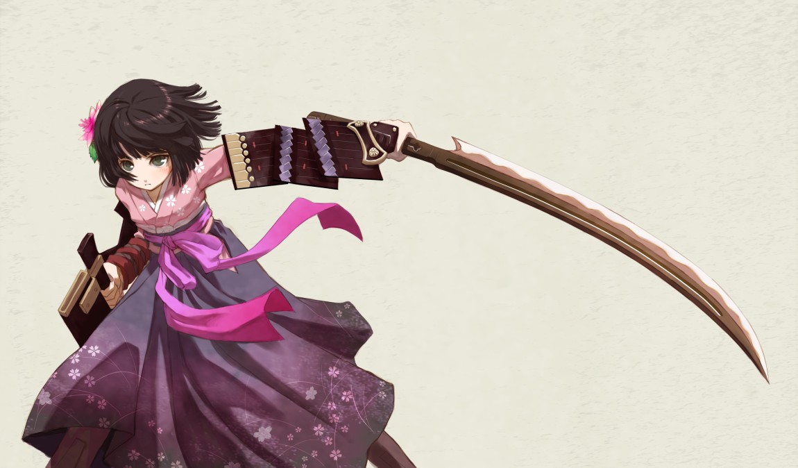 shiden, bushidou (sekaiju), bushidou 4 (sekaiju), atlus, etrian odyssey, armor, brown hair, flower, green eyes, hair flower, hair ornament, japanese clothes, solo, sword, weapon