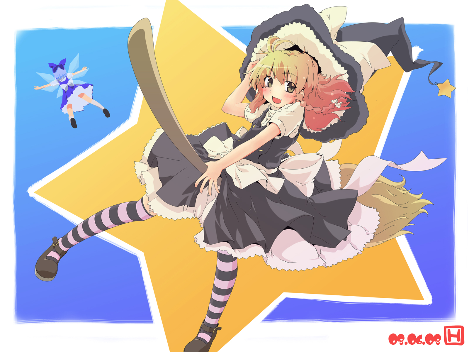 halko (pixiv), cirno, kirisame marisa, embodiment of scarlet devil, touhou, striped legwear, highres, 2girls, blonde hair, blue hair, broom, broom riding, female focus, flying, hat, long hair, multiple girls, pantyhose, ribbon, short hair, striped clothes, striped pantyhose, thighhighs, wings, witch, witch hat