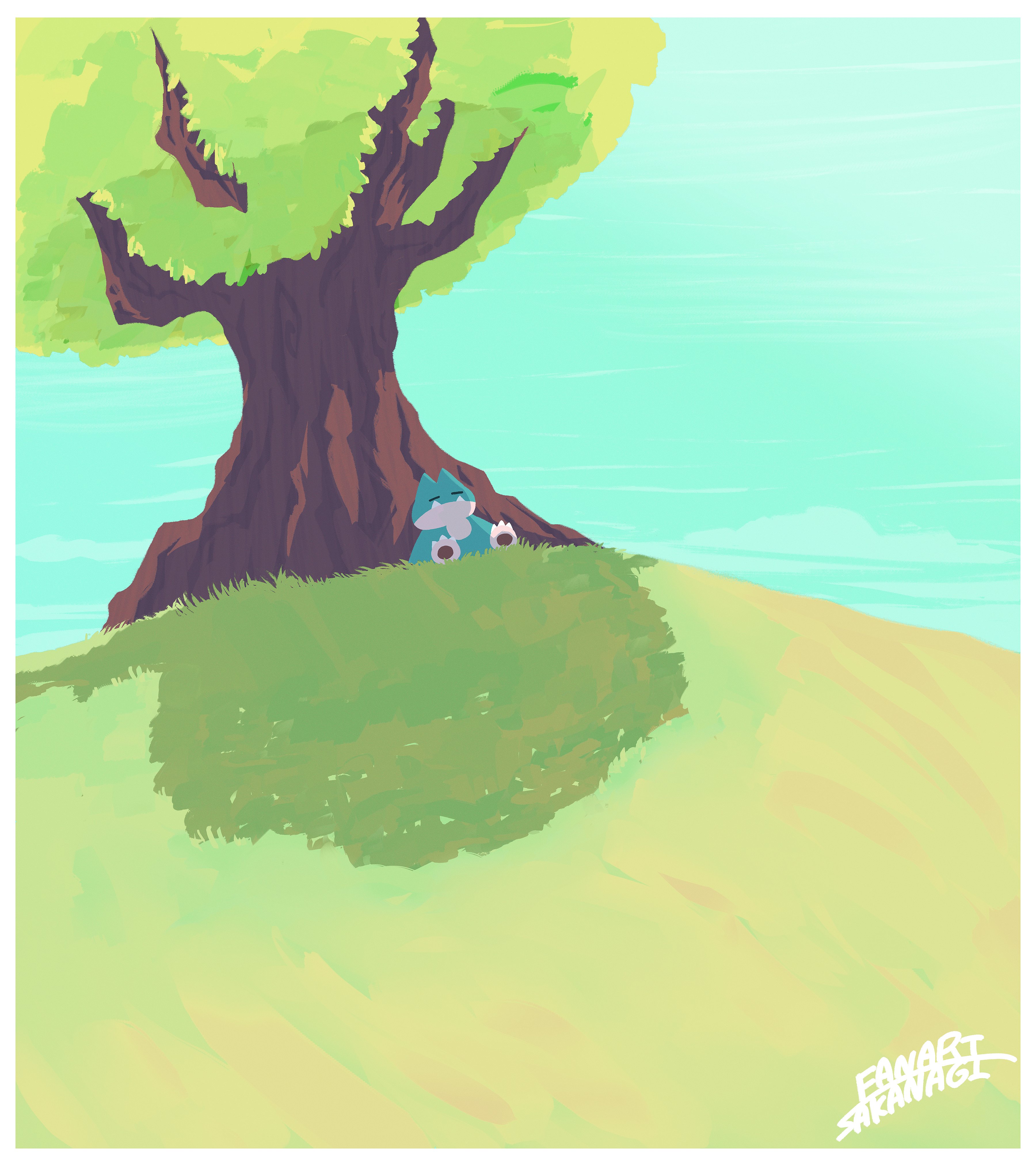 sakanagi (a r co), munchlax, nintendo, pokemon, absurdres, highres, against tree, animal focus, blue sky, closed eyes, closed mouth, fangs, gen 4 pokemon, grass, no humans, outdoors, pokemon (creature), pokemon focus, shade, sky, sleeping, tree, tree shade