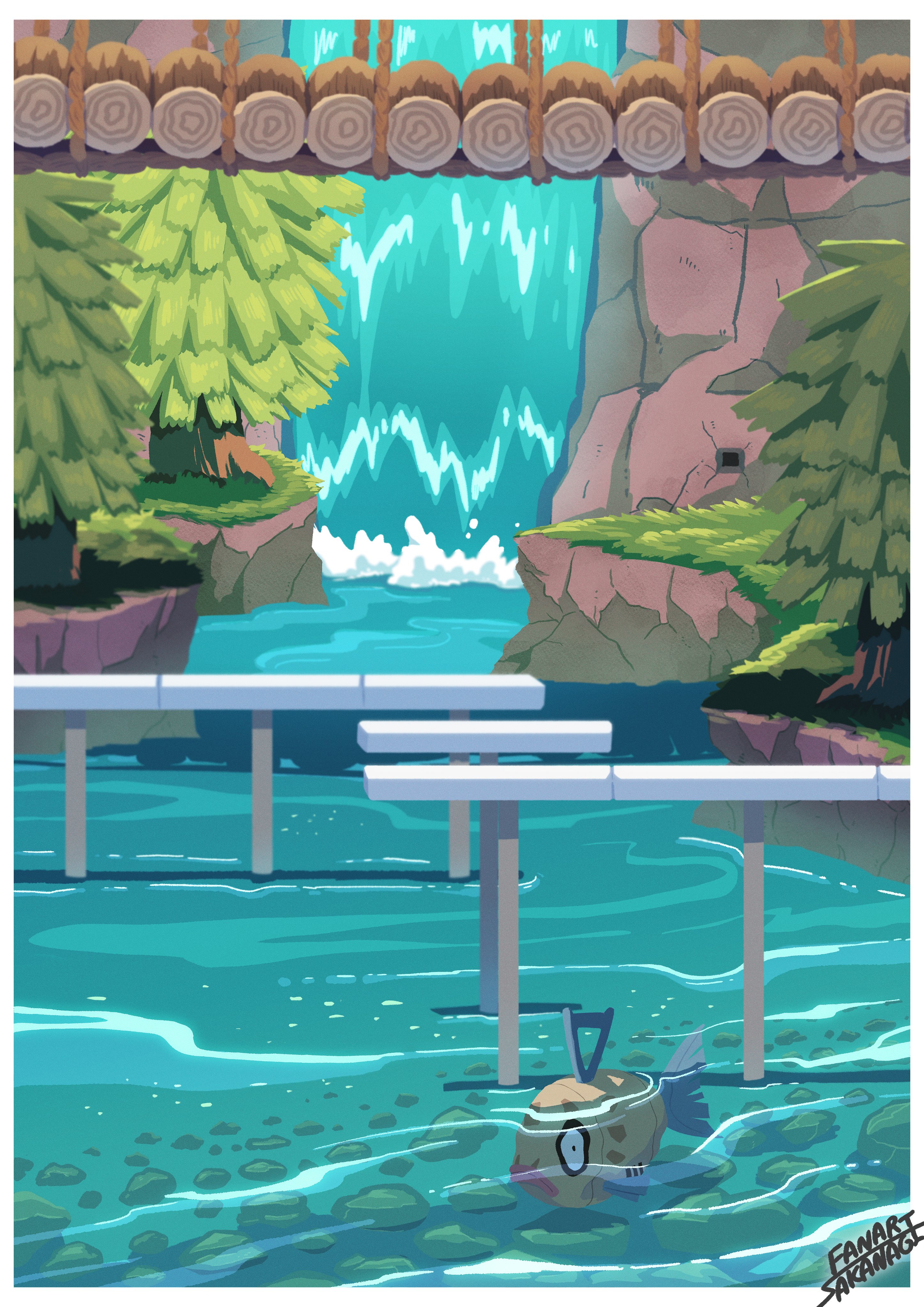 sakanagi (a r co), feebas, nintendo, pokemon, absurdres, highres, animal focus, bridge, day, fish, gen 3 pokemon, no humans, outdoors, pokemon (creature), pokemon focus, rock, swimming, tree, water, waterfall