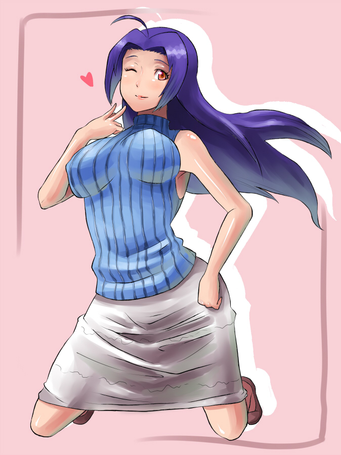 yokkora, miura azusa, idolmaster, idolmaster (classic), idolmaster 1, bad id, bad pixiv id, 00s, 1girl, ahoge, bare shoulders, female focus, heart, long hair, long skirt, one eye closed, pencil skirt, purple hair, skirt, sleeveless, sleeveless turtleneck, solo, turtleneck, wink