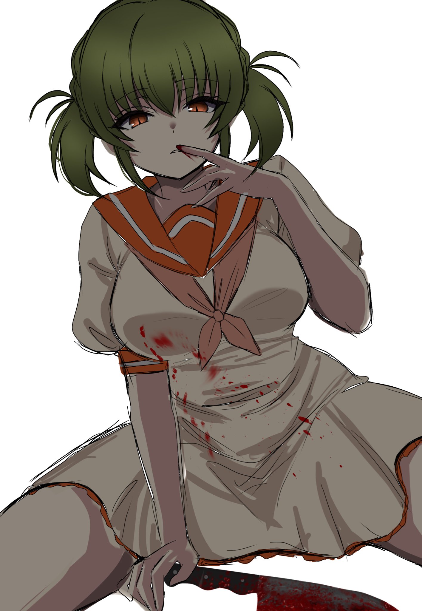 yuno ff, kimiyoshi natsumi, higurashi no naku koro ni, higurashi no naku koro ni mei, highres, 1girl, blood, blood on hands, bloody knife, breasts, dress, finger to mouth, green hair, hair between eyes, knife, large breasts, looking at viewer, neckerchief, orange eyes, orange sailor collar, parted lips, pink neckerchief, sailor collar, short twintails, sidelocks, sitting, slit pupils, solo, twintails, white background, white dress