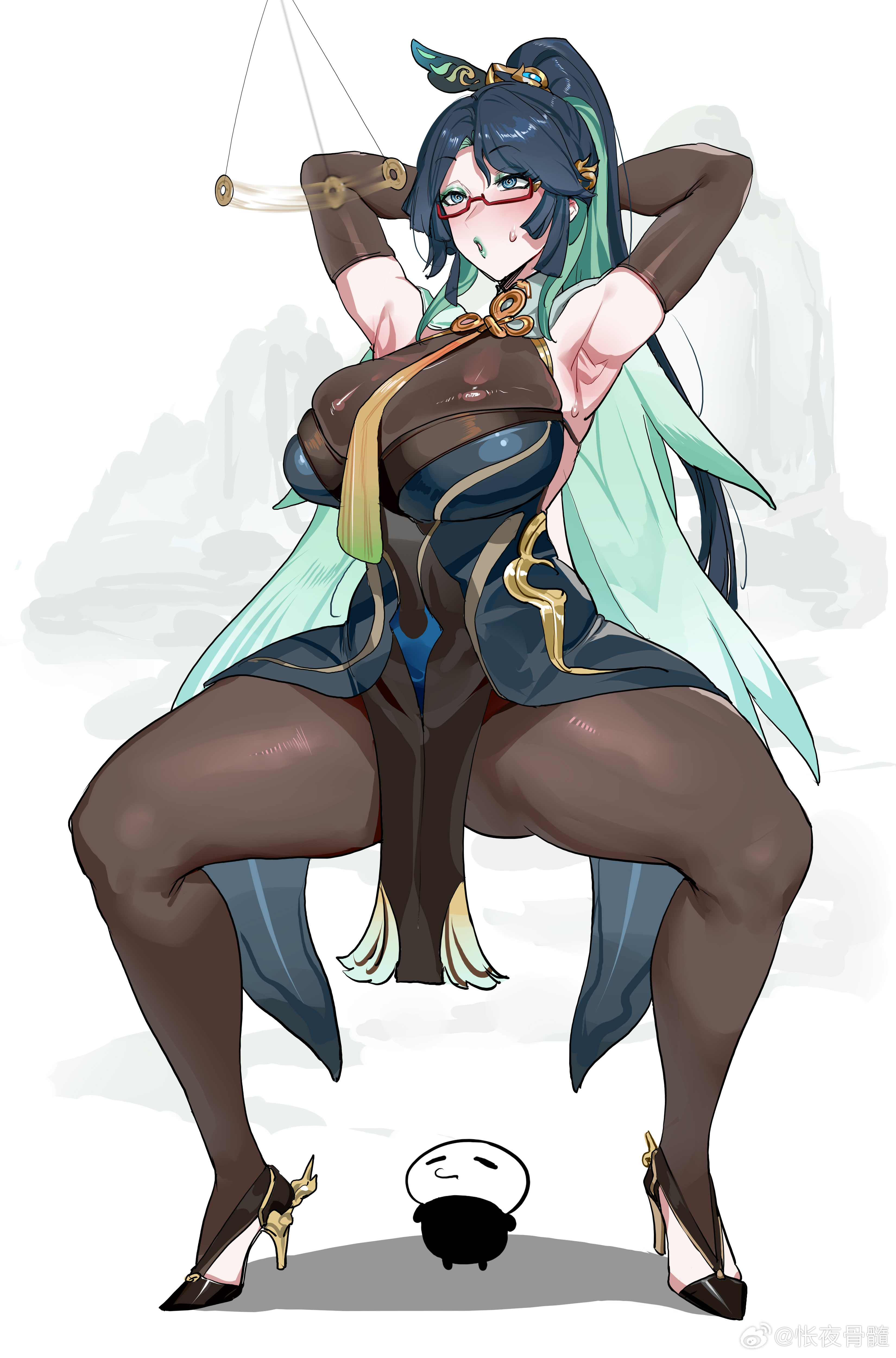 b.sa (bbbs), xianyun (genshin impact), genshin impact, absurdres, highres, armpits, arms behind head, bare shoulders, black gloves, black pantyhose, blank stare, breasts, china dress, chinese clothes, coin, coin on string, covered erect nipples, covered navel, dress, eyeshadow, glasses, gloves, green eyes, green eyeshadow, green hair, green lips, high heels, huge breasts, long hair, looking at viewer, makeup, mature female, mind control, mole, multicolored hair, pantyhose, ponytail, shiny skin, solo, spread legs, thick thighs, thighs