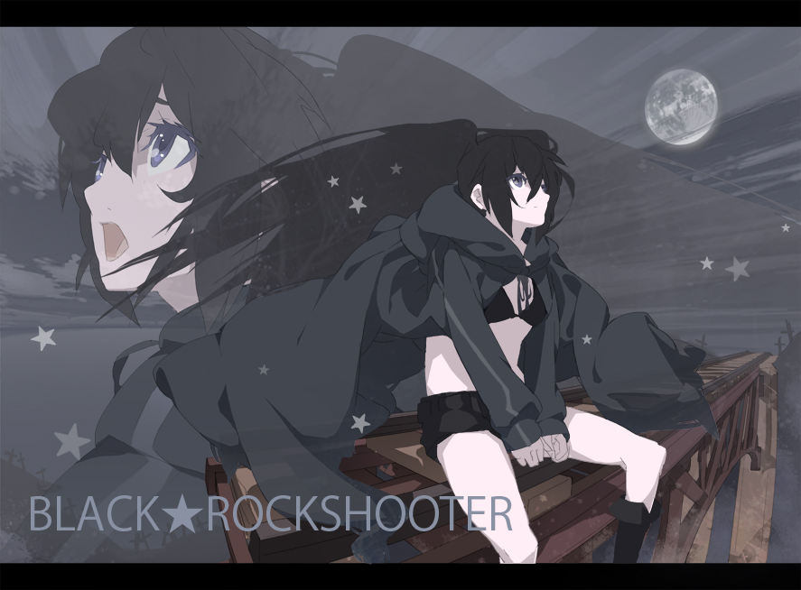 neemui, black rock shooter (character), hatsune miku, black rock shooter, vocaloid, bad id, bad pixiv id, 10s, black hair, blue eyes, long hair, midriff, moon, shorts, twintails