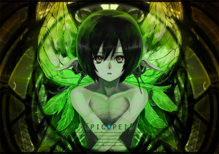 chitose rin, rel, original, bad id, bad pixiv id, 1girl, black hair, bug, butterfly, female focus, insect, letterboxed, machine, pointy ears, short hair, solo, topless female, wings, yellow eyes