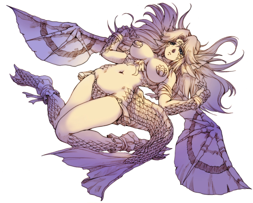 hisahiko, 1girl, animal ears, breasts, curvy, dragon ears, dragon girl, female focus, large breasts, long hair, lying, midriff, monochrome, monster girl, navel, scales, solo, tail, wings