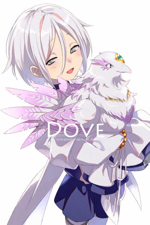 echo (circa), fate/grand order, fate (series), 1boy, androgynous, animalization, bird, blue shorts, blush, bracelet, choker, dove (fate), grey eyes, jewelry, long sleeves, looking at viewer, multicolored hair, necklace, open mouth, person and animalization, pink hair, short hair, shorts, shrug (clothing), smile, two-tone hair, white hair, white shrug