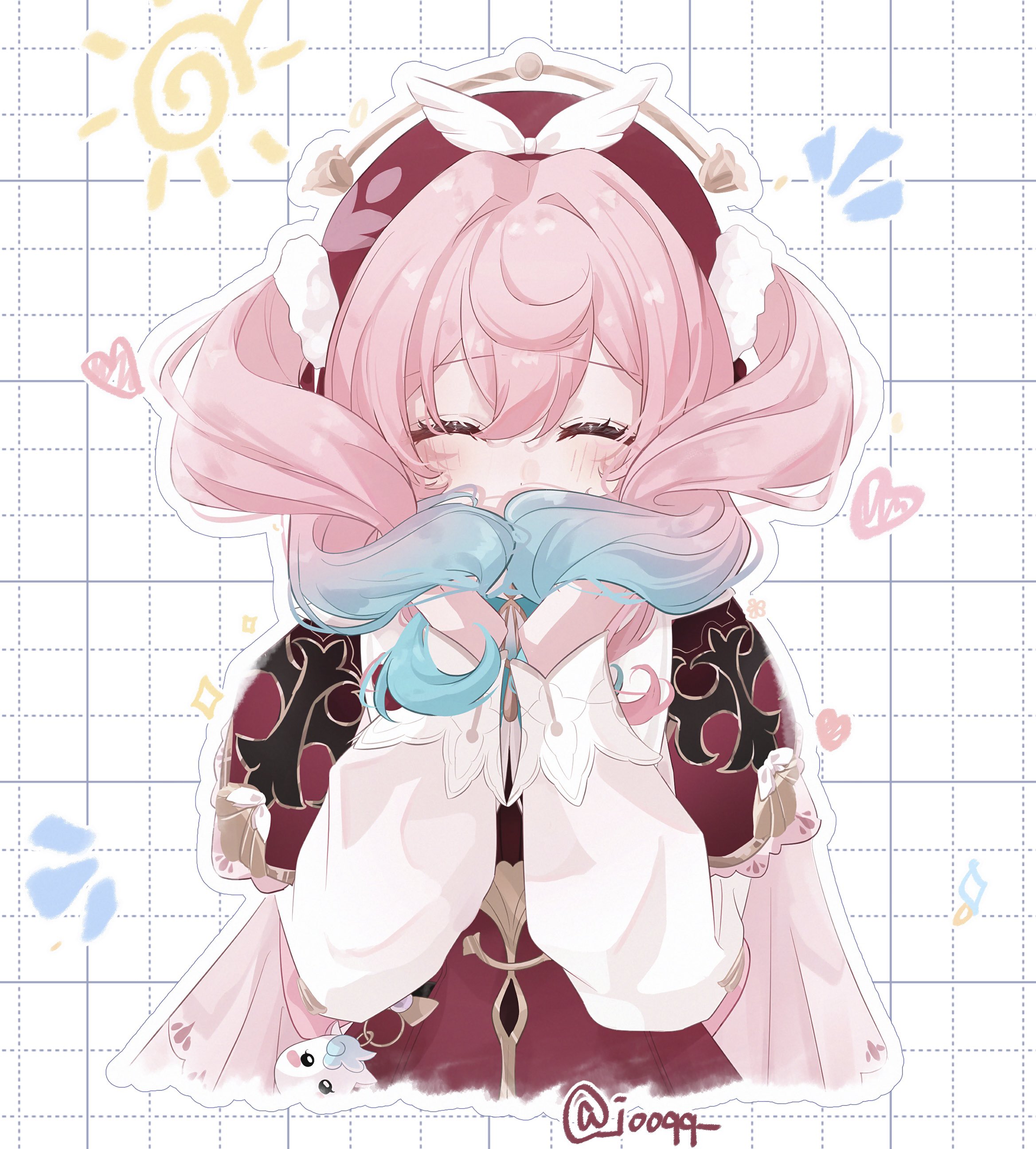 iooqq, hyacine (honkai: star rail), honkai: star rail, honkai (series), absurdres, highres, 1girl, blue hair, blush, closed eyes, dress, facing viewer, gradient hair, grid background, heart, holding, long hair, long sleeves, multicolored hair, pink hair, red dress, solo, sun, twintails