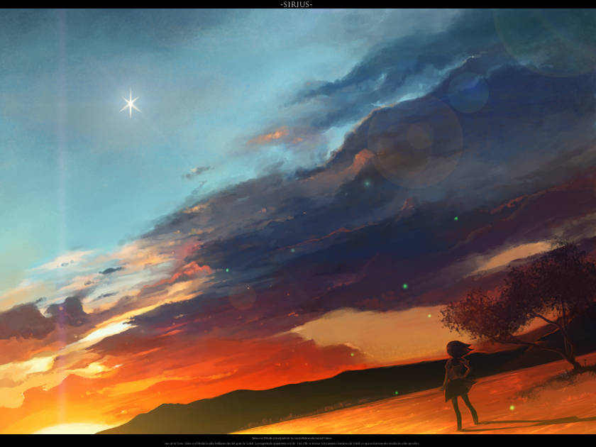 chitose rin, rel, original, light, bad id, bad pixiv id, 1girl, cloud, female focus, landscape, lens flare, letterboxed, scenery, school uniform, serafuku, sky, solo, star (sky), star (symbol), sun, sunset
