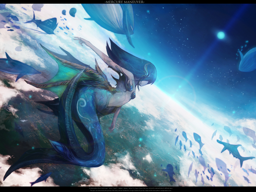 chitose rin, rel, original, bad id, bad pixiv id, panorama, 1girl, blue hair, cloud, dolphin, dutch angle, faceless, female focus, fins, fish, flying, hammerhead shark, horizon, landscape, lens flare, letterboxed, mermaid, monster girl, scenery, shark, sky, solo, space, star (sky), star (symbol), starry sky, surreal, whale
