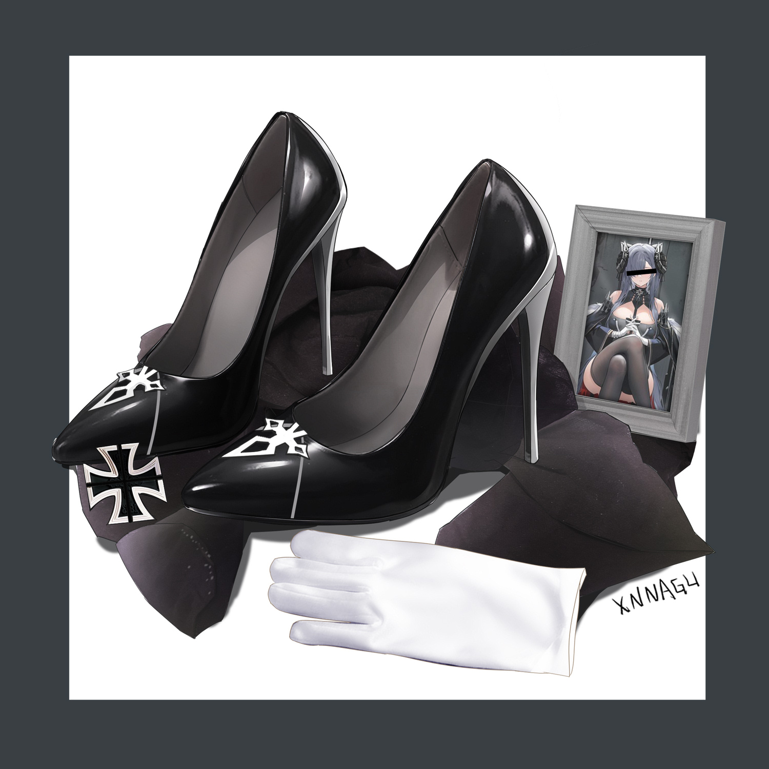 xnnagu, black footwear, highres, 1girl, artist name, bar censor, black thighhighs, border, breasts, censored, censored identity, cleavage, cross, crossed legs, curled horns, drawing (object), gloves, grey border, grey hair, high heels, holding, holding photo, horns, iron cross, large breasts, long hair, mechanical horns, photo (object), picture frame, portrait (object), purple hair, shoes, simple background, sitting, solo, stiletto heels, thighhighs, unworn shoes, white background, white gloves
