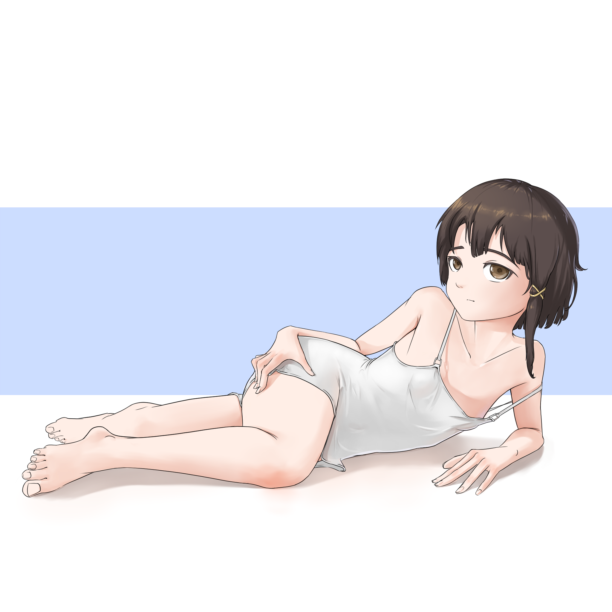 trashman333, iwakura lain, serial experiments lain, highres, 1girl, barefoot, brown eyes, brown hair, closed mouth, dress, feet, full body, hair ornament, looking at viewer, lying, on side, sleeveless, sleeveless dress, solo, white dress, x hair ornament