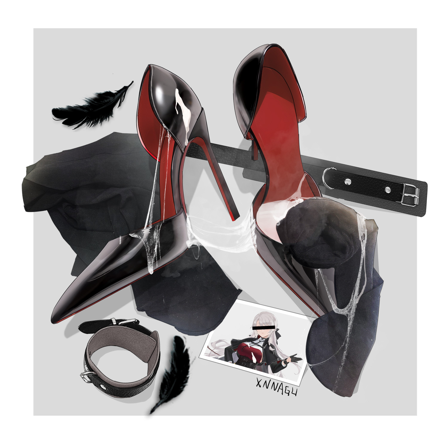 xnnagu, black footwear, red footwear, highres, 1girl, bar censor, belt, black belt, black feathers, black gloves, border, breasts, censored, censored identity, collar, colored shoe soles, cum, cum on body, cum on clothes, cum on feet, feathers, gloves, grey background, grey hair, half gloves, high heels, large breasts, long hair, pantyhose, photo (object), shirt, shoe dangle, shoes, simple background, solo, stiletto heels, unworn shoes