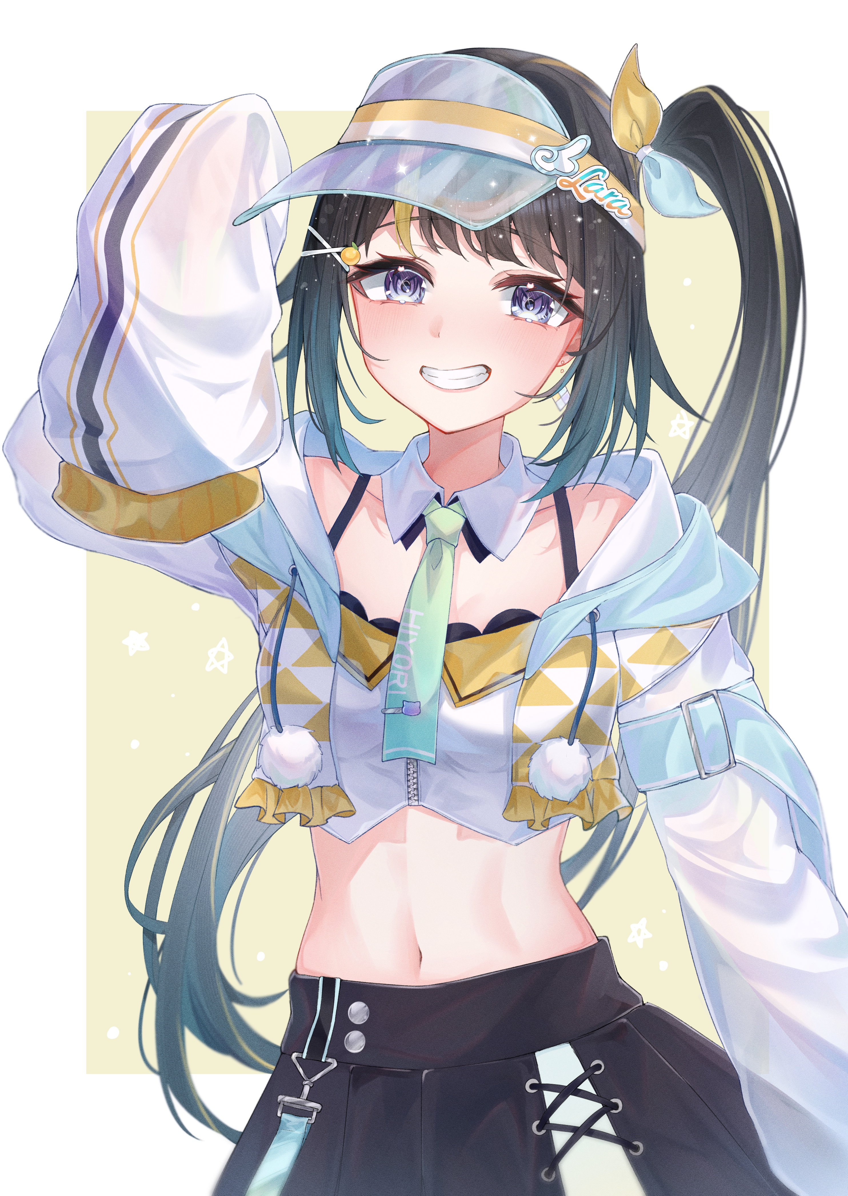5uma1, hiyori lara, absurdres, highres, 1girl, arm up, black hair, blonde hair, blue eyes, breasts, crop top, cropped jacket, detached collar, grin, hair ornament, hairclip, hood, jacket, long hair, long sleeves, looking at viewer, midriff, multicolored hair, navel, necktie, short necktie, side ponytail, sleeves past wrists, smile, solo, stomach, streaked hair, upper body, very long hair, virtual youtuber, visor cap, white jacket, x hair ornament