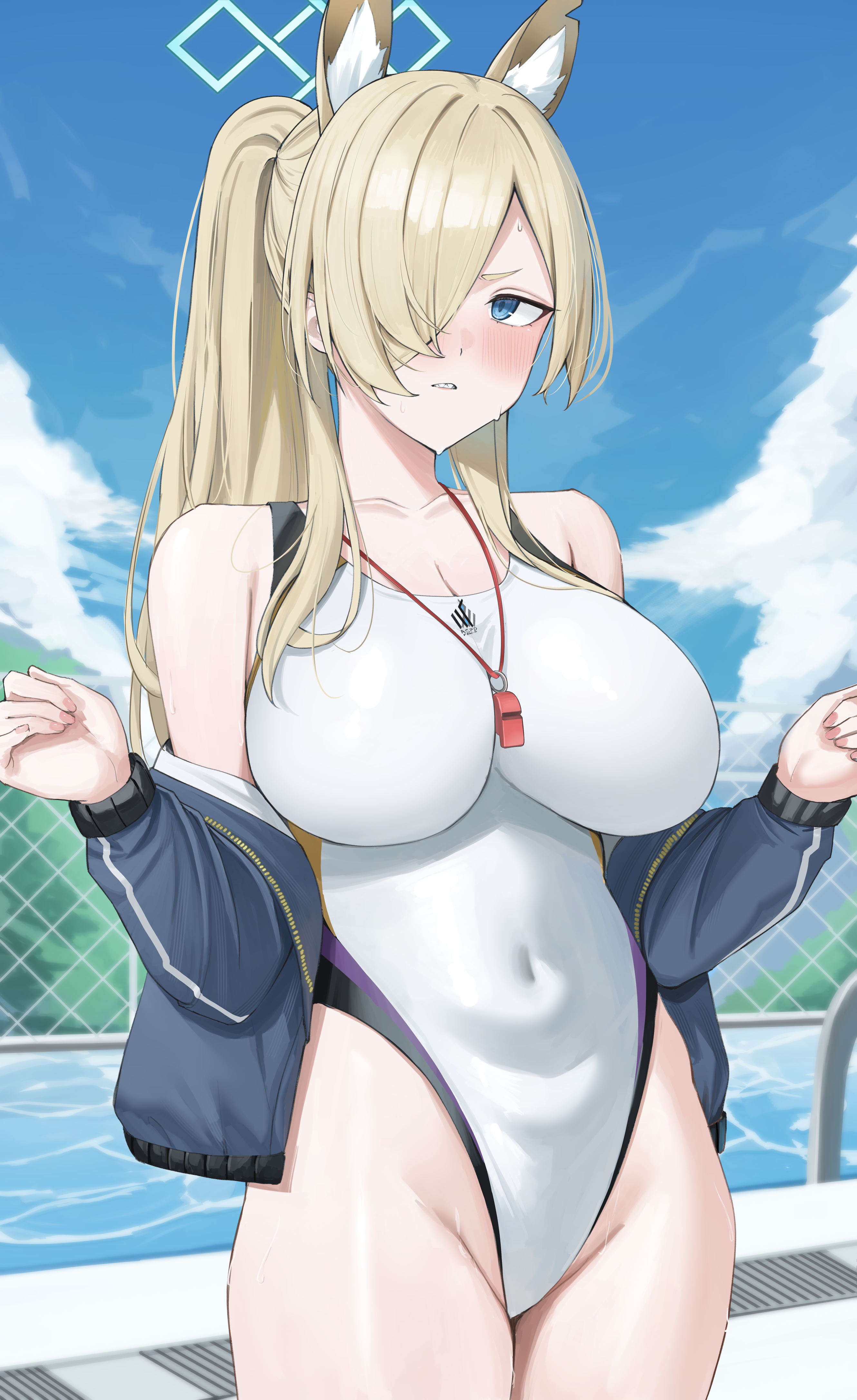 ref (pmxt4483), kanna (blue archive), kanna (swimsuit) (blue archive), blue archive, absurdres, highres, 1girl, animal ears, bare shoulders, blonde hair, blue eyes, blue jacket, blue sky, blush, breasts, clenched teeth, covered navel, dog ears, extra ears, hair over one eye, halo, highleg, highleg one-piece swimsuit, jacket, large breasts, long hair, long sleeves, looking at viewer, off shoulder, one-piece swimsuit, ponytail, poolside, sharp teeth, sidelocks, sky, swimsuit, teeth, thighs, white one-piece swimsuit