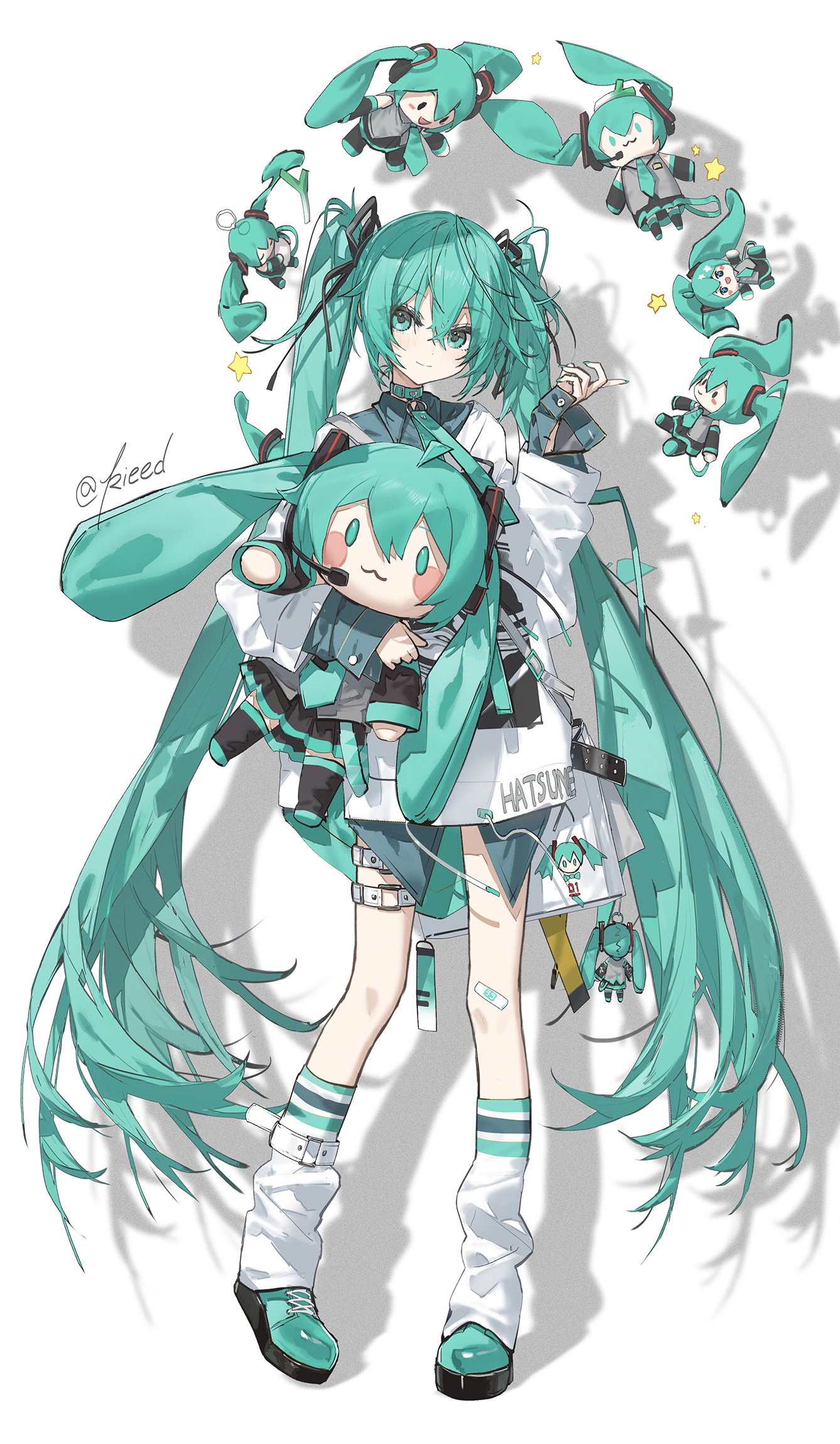kieed, hatsune miku, vocaloid, highres, 1girl, :3, aqua eyes, aqua hair, aqua nails, aqua necktie, aqua ribbon, bandaid, bandaid on leg, belt, character doll, closed mouth, doll, drop shadow, feet out of frame, hair between eyes, heart, holding, long hair, long sleeves, looking at viewer, miku day, necktie, ribbon, shadow, shirt, simple background, smile, socks, solo, star (symbol), stuffed toy, thigh strap, twintails, twitter username, very long hair, white background