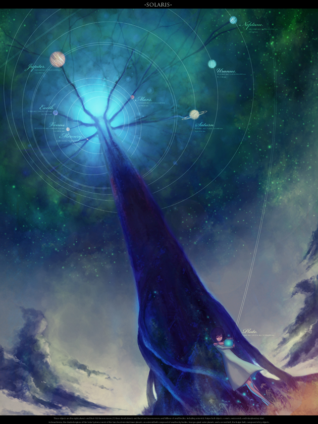 chitose rin, rel, original, bad id, bad pixiv id, 1girl, chemise, closed eyes, female focus, glowing, grass, holding, letterboxed, planet, scenery, sky, solo, space, standing, star (sky), star (symbol), starry sky, tree