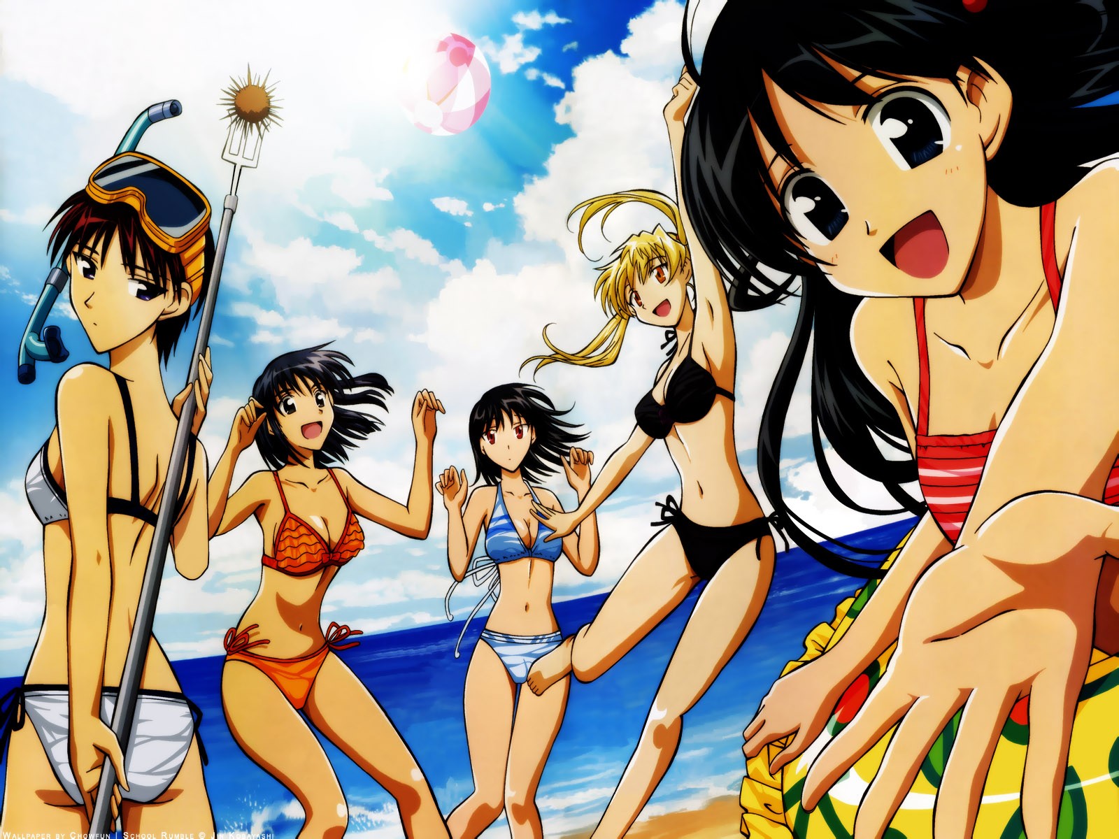 sawachika eri, suou mikoto (school rumble), takano akira, tsukamoto tenma, tsukamoto yakumo, school rumble, highres, official art, official wallpaper, 00s, 5girls, ahoge, armpits, back, ball, beach, beachball, bikini, black bikini, black eyes, black hair, blonde hair, blue bikini, blue hair, breasts, brown hair, cleavage, cloud, day, diving mask, diving mask on head, dutch angle, frilled bikini, frills, goggles, goggles on head, halterneck, innertube, large breasts, legs, legs apart, legs together, long hair, long legs, looking at viewer, looking back, multiple girls, narrow waist, ocean, orange bikini, outdoors, outstretched arm, polearm, reaching, reaching towards viewer, red bikini, red eyes, sea urchin, short hair, siblings, side-tie bikini bottom, sisters, sky, small breasts, smile, snorkel, striped bikini, striped clothes, swim ring, swimsuit, trident, twintails, two side up, weapon, white bikini, yellow bikini