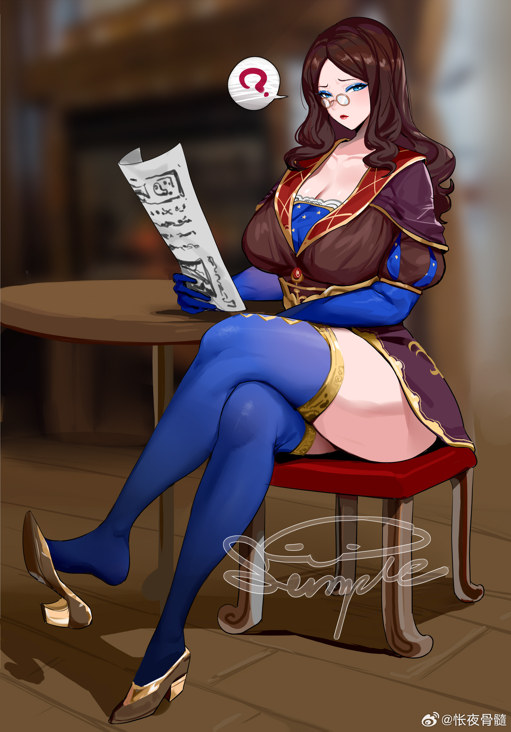 b.sa (bbbs), leonardo da vinci (caster) (fate), leonardo da vinci (fate), fate/grand order, fate (series), highres, 1girl, ?, ass, blue eyes, blue eyeshadow, blue gloves, blue thighhighs, blurry, book, breasts, brown hair, chair, cleavage, crossed arms, crossed legs, depth of field, desk, dress, eyeshadow, glasses, gloves, high heels, huge breasts, indoors, large breasts, looking at viewer, makeup, mature female, thighhighs