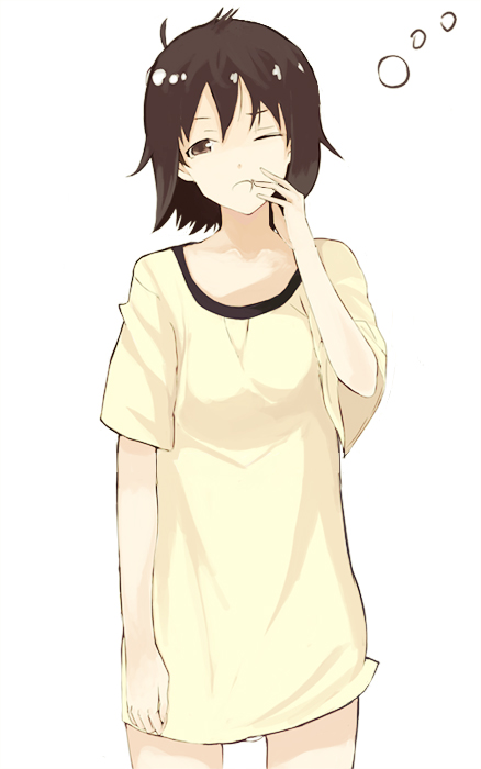 shiromiso, original, 1girl, bottomless, brown eyes, brown hair, dress shirt, female focus, messy hair, one eye closed, shirt, short hair, simple background, sleepy, solo, wink, yawning