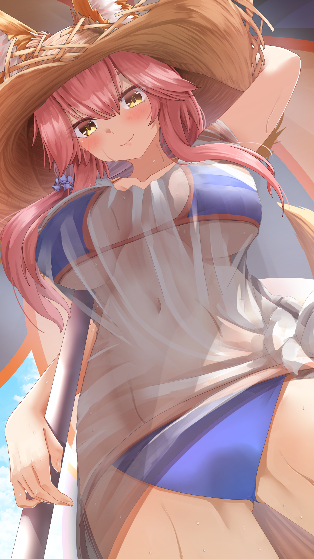 totororo, tamamo no mae (fate), tamamo no mae (swimsuit lancer) (fate), tamamo no mae (swimsuit lancer) (second ascension) (fate), fate/grand order, fate (series), tamamo (fate), highres, 1girl, animal ear fluff, animal ears, beach umbrella, bikini, blue bikini, blush, bracelet, breasts, covered navel, fox ears, fox girl, fox tail, hat, jewelry, large breasts, long hair, looking at viewer, pink hair, see-through cleavage, see-through clothes, shirt, short sleeves, sidelocks, smile, solo, straw hat, swimsuit, tail, thighs, umbrella, wet, wet clothes, wet shirt, white shirt, yellow eyes