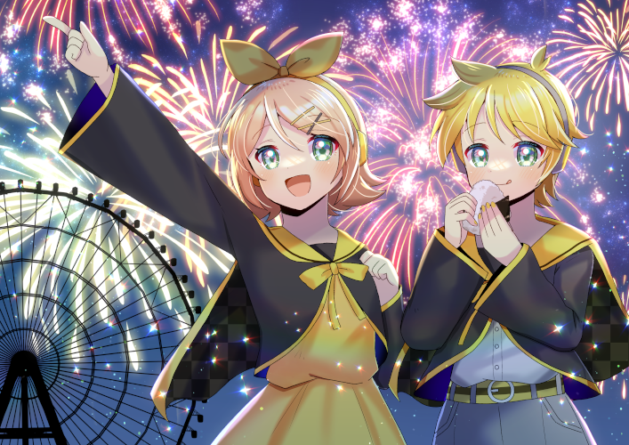 kou hiyoyo, kagamine len, kagamine rin, vocaloid, commentary, 1boy, 1girl, blonde hair, bow, ferris wheel, fireworks, hair ornament, hairclip, holding, night, night sky, sailor collar, shirt, sky, smile, tongue, tongue out